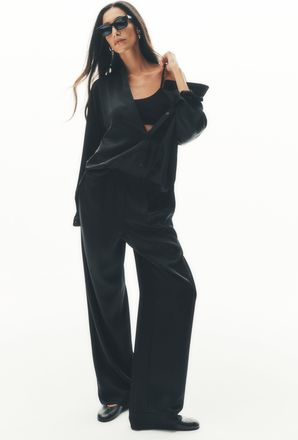 Alo | Satin High-Waist Smooth Talker Pants (Regular) in Black, Size: Medium