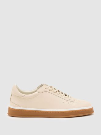 Reiss Stone Beige Leather Perforated-detail Trainers, 645