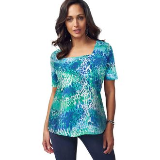 Jessica London Stretch Cotton Square Neck Tee in Ocean Print at Nordstrom, Size 20