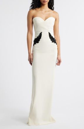 La Petite Robe Di Chiara Boni Ordana Feather Detail Strapless Satin Gown in Cream at Nordstrom, Size 10 Us