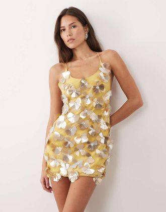 Asos Vestito corto con spalline sottili giallo con paillettes a fiori 3D-Marrone