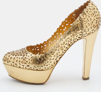 Sergio Rossi Metallic Gold Laser Cut Leather Platform Pumps
