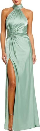 Mac Duggal Open Back High Neck Side Ruched Gown in Sage at Nordstrom, Size 12