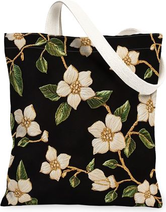 Generic Spring Jasmine Flower Canvas Tote Bag for Shopping 13x15, Embroidery Style Floral Reusable Grocery Print Bag for Women, Fun Luxury Beach Aesthetic Pai