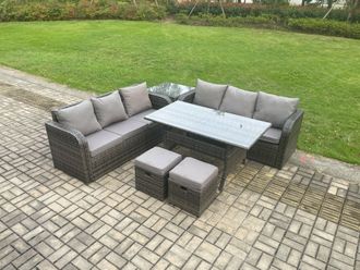 Fimous Rattan Garden Furniture Set with Oblong Dining Table 2 Small Footstools Side Table 6 Pieces Outdoor Sofa Set Dark Grey Mixed