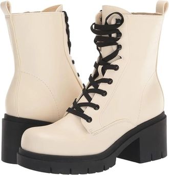 Nine West Juna Womens Off-White Leather Round Toe Combat Boots LION694