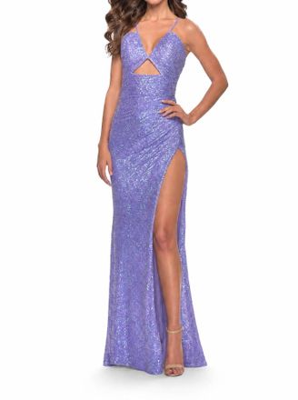 La Femme Sequin Cut Out Lace Up Gown In Periwinkle