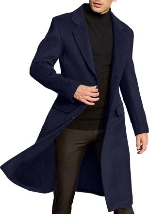 Generic Men Trench Coat Windbreaker Winter Slim Fit Long Jacket Casual Single Breasted Mid-Length Notched Collar Overcoat, Dark Blue, XL
