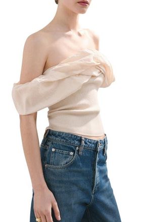 Mango Bubble Off the Shoulder Knit Top in Ecru at Nordstrom, Size Medium