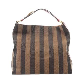 Fendi Pre-owned Shoulder Bags, female, Brown, Size: ONE SIZE Pre-owned Pequin Canvas Leather Shoulder Bag