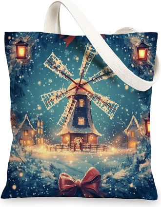 Generic Winter Farmhouse Christmas Canvas Tote Bag for Shopping 13x15, Fantasy Windmill Country Xmas Reusable Grocery Print Bag for Women, Farm Holiday Beach 