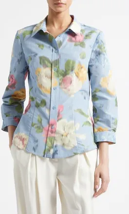 Carolina Herrera Ana Chin&eacute; Floral Print Button-Up Shirt in Cloudy Blue Multi at Nordstrom, Size 10
