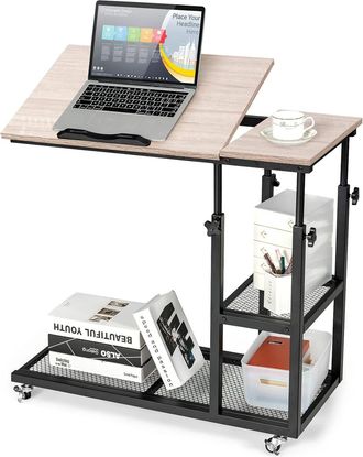 Costway Costway Mesita Lateral M&oacute;vil Con Forma De C Con Repisas, Mesita Regulable Para Ordenador Con Superficie Inclinable 0&deg; A 32,5&deg;, Mesita Port&aacute;til De Sof&aacute;