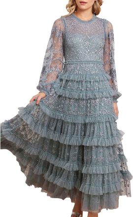 Needle & Thread Blossom Long Sleeve Lace Ankle Gown in Thistle Blue at Nordstrom, Size 14