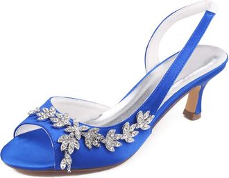 Emily Bridalwear 1031-11 Womens Wedding Shoes Open Toe 1.57 Inches Spool Heel Satin Sandals with Rhinestone Bridal Shoes(EU41/UK7.5, Blue)