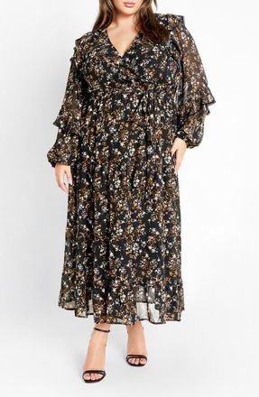 City Chic Arielle Ruffle Long Sleeve Maxi Dress in Floral at Nordstrom, Size Xxs