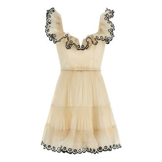 Zimmermann Short Dresses, female, Beige, Size: M Embroidered Frilled Mini Dress