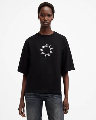 AllSaints Womens Cotton Tieroth Amelie Metallic Logo T-Shirt, Size: L