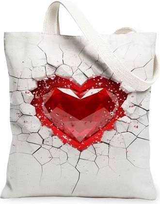 Generic Heart Design Canvas Tote Bags, Artistic Love Pattern Reusable Grocery Bags, Stylish Lightweight Washable Shoulder Strap Can, Red, 13x15 Inch
