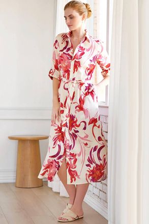 Finley Kyoto Floral Long Alex Shirt Dress In Natural/pink