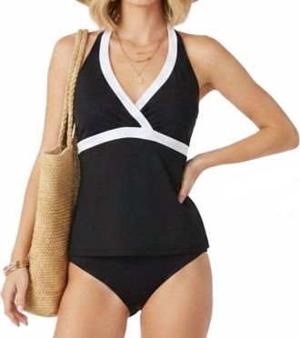 Lands End Halter Tankini Bathing Suit Top In White/black