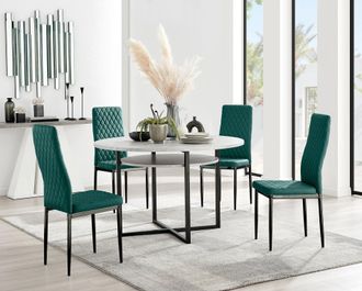 Furniturebox Adley Grey Concrete Effect & Black Round Dining Table with Shelf & 4 Velvet Milan Dining Chairs in Green