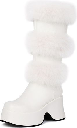 Generic Womens Pull on Winter Boots Wedge Heel Platform Long Boots Round Toe PU Leather Mid-Calf Boot,White,5.5 UK