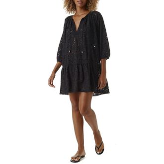 Melissa Odabash Ashley Eyelet Detail Cotton Cover-Up Tunic in Black Fan at Nordstrom, Size Large