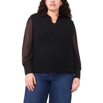 Halogen Mixed Media Long Sleeve Sweater in Rich Black at Nordstrom Rack, Size 2X
