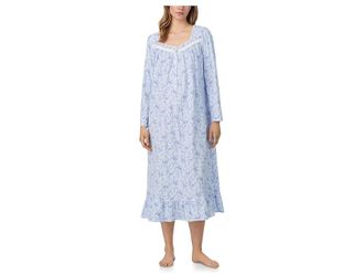 Eileen West Cotton Peached Jersey Knit 48 Long Long Sleeve Nightgown Womens Clothing Blue Viney Floral : SM