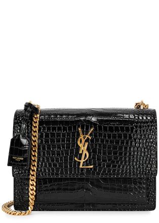 Saint Laurent Sunset Medium Crocodile-effect Shoulder Bag, Black - One Size