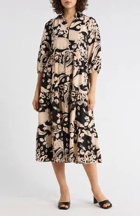Sandra Darren Three-Quarter Sleeve Tiered Dress in Black/Tan at Nordstrom Rack, Size X-Large
