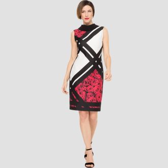 Joseph Ribkoff Rose And Grid Print Dress In Black/white/red