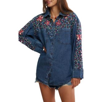 Free People Rainbow Embroidered Denim Shirt in Rinse Wash at Nordstrom Rack, Size Large
