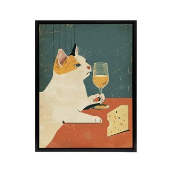 Artery8 Cat Drinking Wine With Cheese Framed Canvas Wall Art Print in Orange | Size: W24 x H32