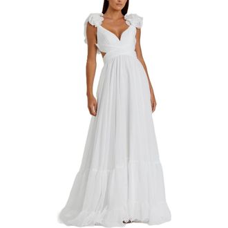 Mac Duggal Sleeveless Ruffle Tiered Cut-Out Chiffon Gown in White at Nordstrom, Size 6
