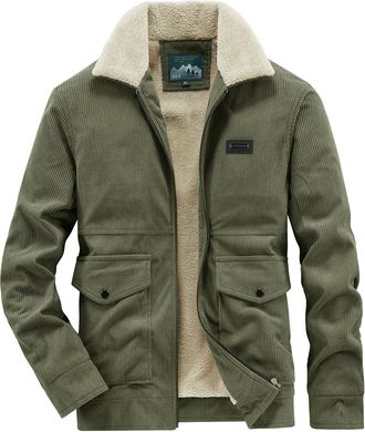 Generic Mens Corduroy Fleece Lined Jacket Winter Warm Fuzzy Sherpa Lined Coats Zip Up Lapel Casual Outerwear with Pockets Army Green