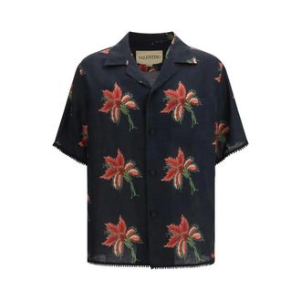 Valentino Short Sleeve Shirts, male, Black, Size: XL Linen Pattern Shirt with Classic Design