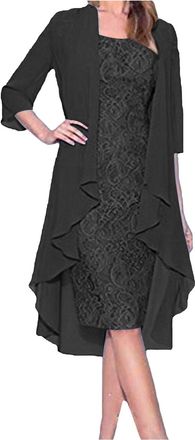 Generic Womens Two Piece Lace Mother of The Bride Dress Tea Length with Chiffon Jacket Formal Dresses 2 Pieces Outfits Elegan Wedding Guest Dresses Sets Shift