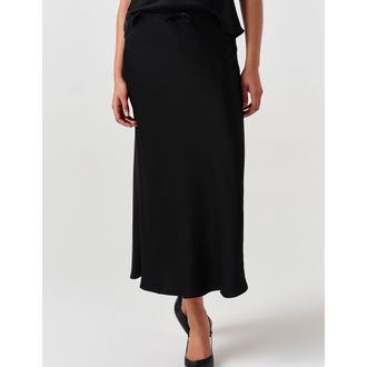 Ghost London Dahlia Picot Trim Satin Midi Skirt in Black at Nordstrom, Size 12