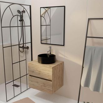 Aurlane Aurlane - Mueble Ba&ntilde;o 60cm 2 Cajones Roble + Lavabo Negro &Oslash;41cm + Espejo 60x80cm