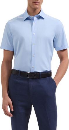 Bugatchi Miles OoohCotton Solid Short Sleeve Button-Up Shirt in Sky at Nordstrom, Size Xxx-Large