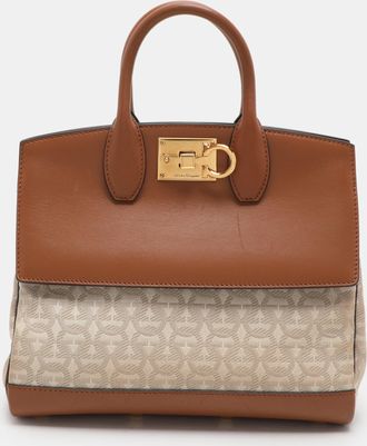 Ferragamo Beige/brown Canvas And Leather Medium The Studio Tote