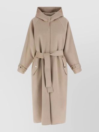 Pinko long hooded coat belted waist raglan sleeves