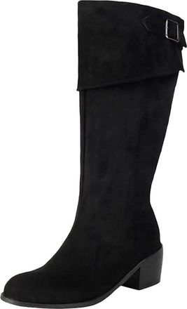 Generic Womens Vintage Knee High Boots Round Toe High Block Heel Slip On Design With Metal Belt Clasp For Casual Outings