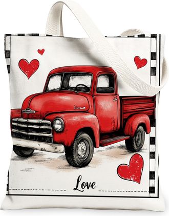 Generic Valentines Day Heart Truck Canvas Tote Bags, Retro Pickup Print Reusable Grocery Bags, Lightweight Washable Shoulder Strap Canvas for Shopping Outdoor