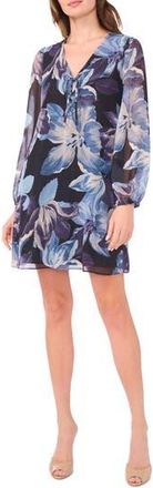 Halogen Floral Lace-Up Grommet Long Sleeve Minidress in Rich Black at Nordstrom Rack, Size X-Large