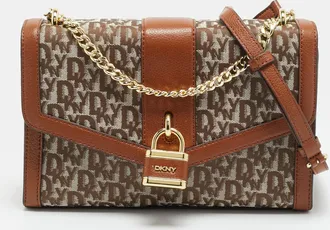 DKNY Dkny Ella Large Brown/beige Signature Canvas And Leather Shoulder Bag