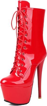 Generic Womens Stiletto High Heel Short Boots Lace Up Punk Booties with Side Zipper Patent Leather Platform Ankle Boots for Night Out & Catwalk,Patent Red,4.5