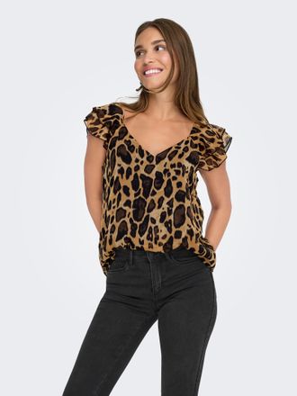 Only Blusenshirt ONLY ONLASTA LIFE CAPSLEEVE V-NECK TOP PTM, Damen, Gr. XS, schwarz (schwarz aop:warm leo), Jersey, Obermaterial: 100% Polyester, bedruckt,